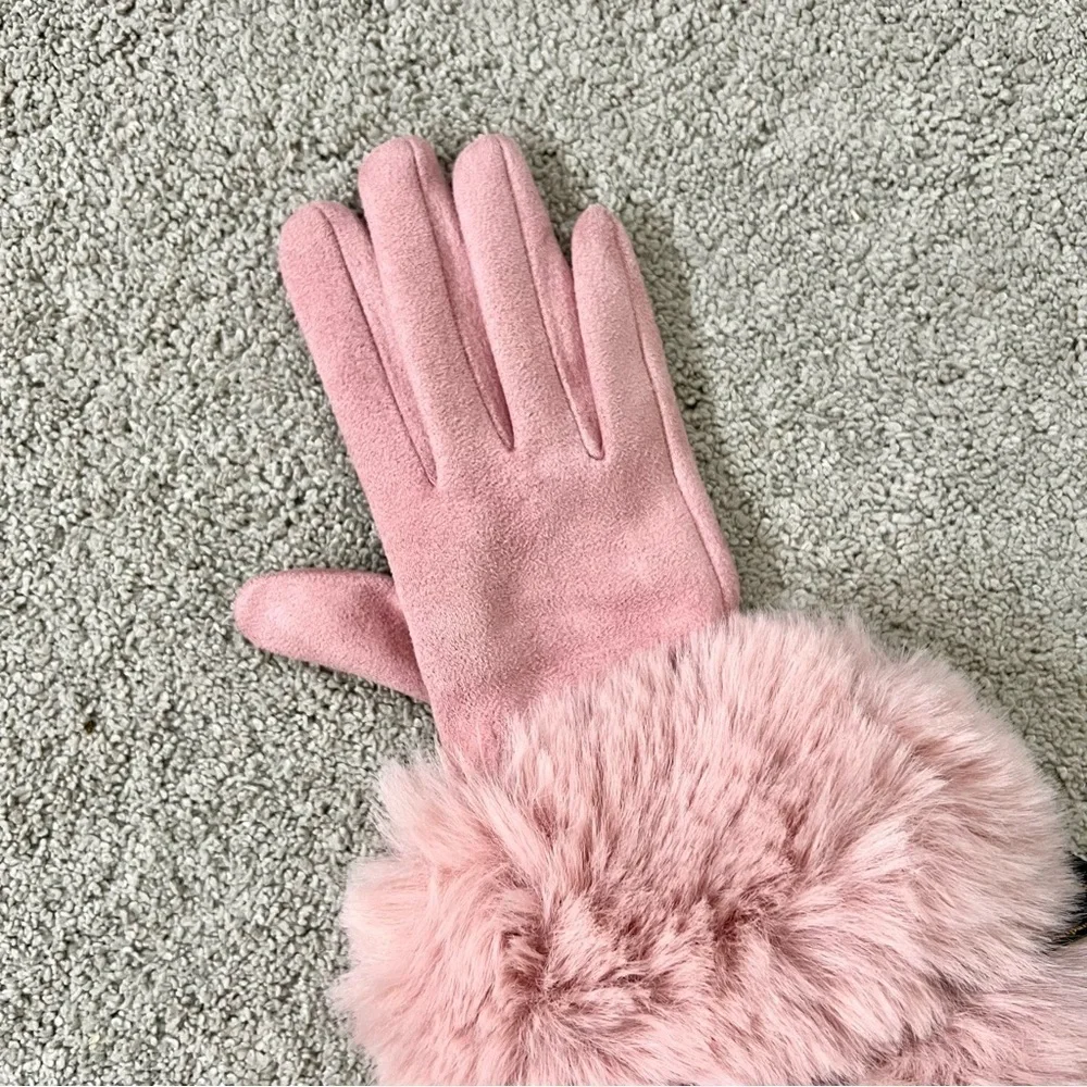 Super-Soft Faux Suede Pink Gloves Faux Rabbit Fur Tech Touch Fingers Size S